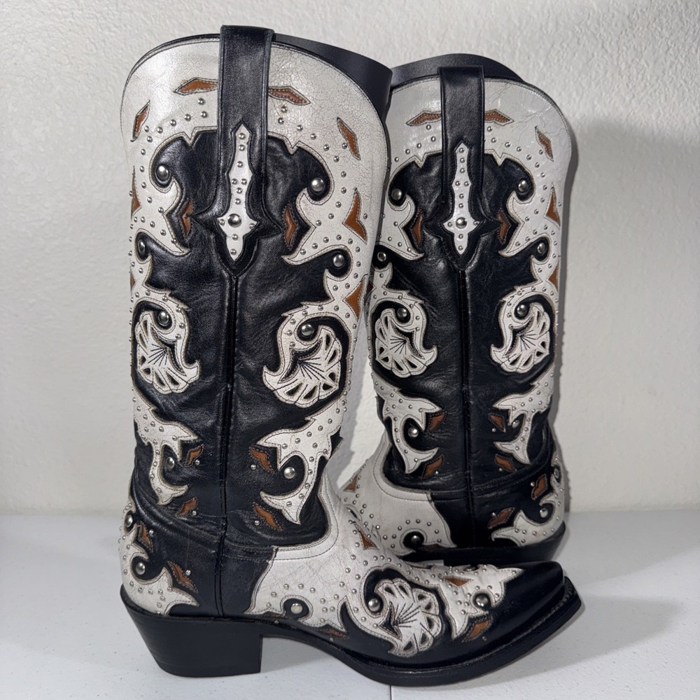 Lucchese Womens Black & White Studded Scarlette Cowboy Boots SZ 8 Western Gothic - Picture 7 of 16